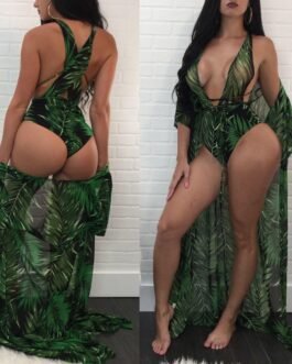 Women Beach Wear Badnage Swimwear Leaves