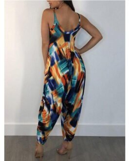 Printed Loose Suspenders Women Jumpsuit
