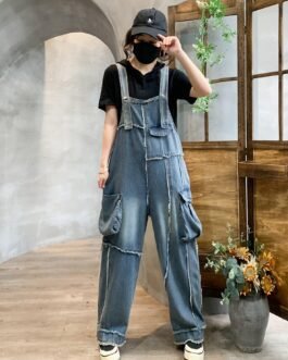 Retro Pocket Raw Edge Denim Suspender Pants For Women