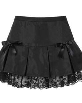 Black Goth Aesthetic Pleated Skirts Women Lace Trim Dance