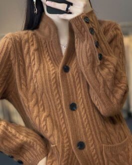 Pure Wool Cardigan Women's Stand Collar Outer Sweater Loose Knitted Coat