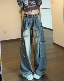 American Multi-pocket Workwear Jeans Women’s Wide Leg Loose Washed Distressed Pants
