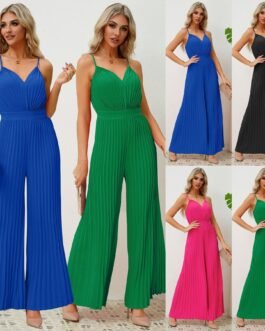 V-neck Suspender Pleated Jumpsuit Solid Color Loose Straight Pants Womens Clothing