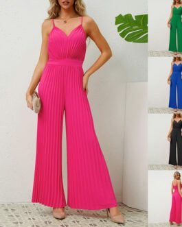 V-neck Suspender Pleated Jumpsuit Solid Color Loose Straight Pants Womens Clothing