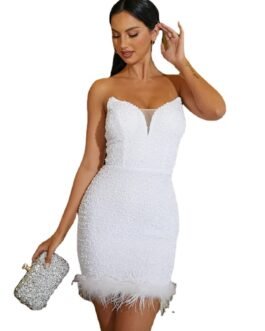 Tube Top Feather Slit Mid-length Polyester Evening Dress