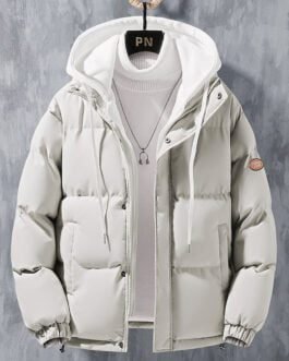 Fashion Hooded Jacket Men Winter Windproof Thickened Fake Two-piece Coat Solid Leisure Sports Cotton Jacket