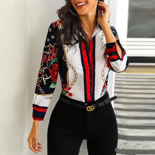 Women Floral Chain Print Elegant Blouse - Image 3