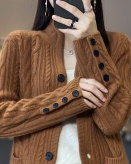 Pure Wool Cardigan Women’s Stand Collar Outer Sweater Loose Knitted Coat