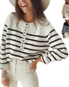 Striped Pullover Blouse Fashion Button Cardigan Women