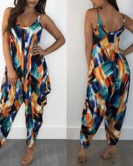 Printed Loose Suspenders Women Jumpsuit