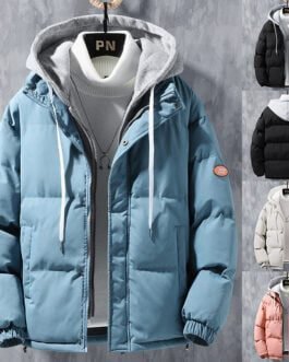 Fashion Hooded Jacket Men Winter Windproof Thickened Fake Two-piece Coat Solid Leisure Sports Cotton Jacket