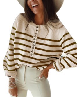 Striped Pullover Blouse Fashion Button Cardigan Women