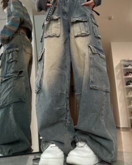 American Multi-pocket Workwear Jeans Women's Wide Leg Loose Washed Distressed Pants