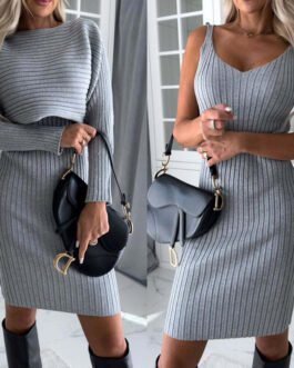 2pcs Suit Women's Solid Stripe Long-sleeved Top And Tight Suspender Skirt Fashion Autumn Winter Slim Clothing