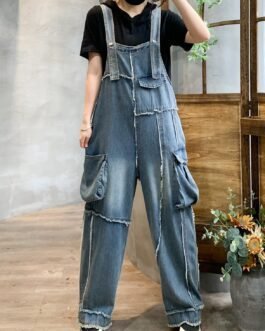 Retro Pocket Raw Edge Denim Suspender Pants For Women