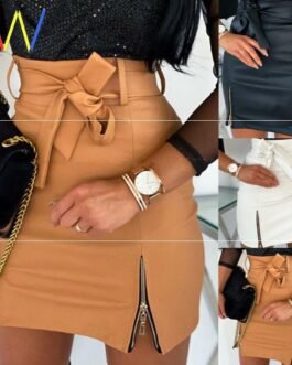 Women Bandage PU Leather Skirt Ladies Short Mini Skirts