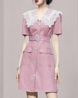Summer Dress For Women Lace Collar Short Sleeve High Waist Mini Dresses Female Fashion Clothes