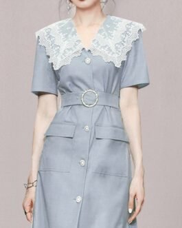 Summer Dress For Women Lace Collar Short Sleeve High Waist Mini Dresses Female Fashion Clothes